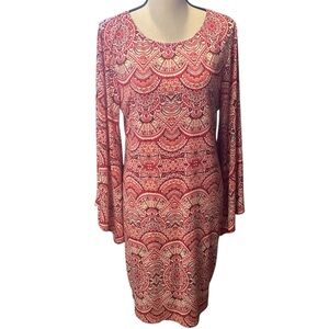 Midnight Velvet Madeline Print Dress Red Orange Butterfly Sleeve, Large USA Made